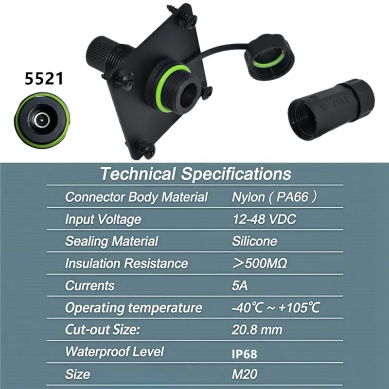 PORK-Waterproof DC Power Connector M20 5521 Panel-Mount 12-48V 5A For Solar Surveillance Lighting Systems