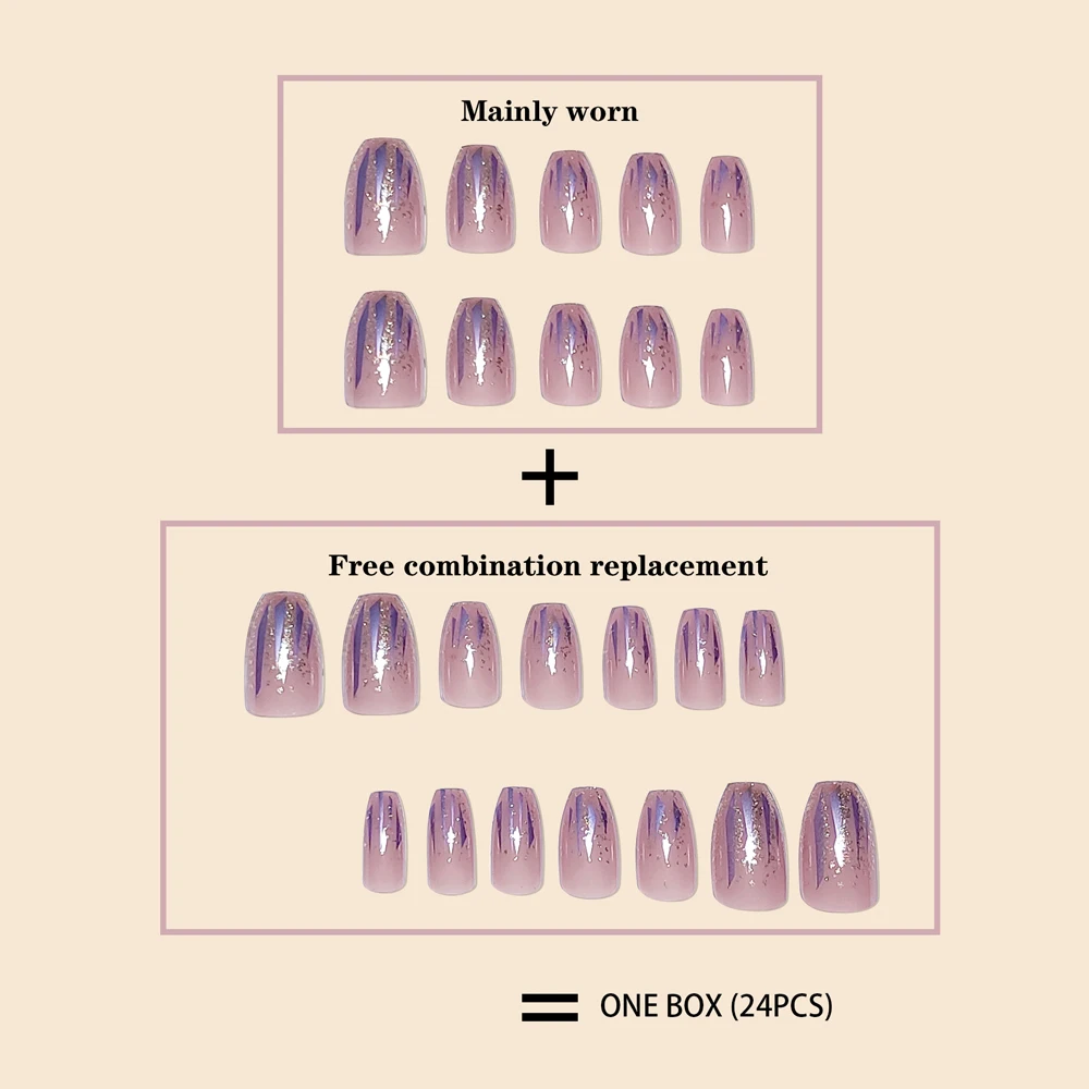 Trend Fashion Women Girls 24Pcs/Set Medium Coffin Shaped French Glitter Powder Star Stripe Wearable Fake Nail Press on Nail Art