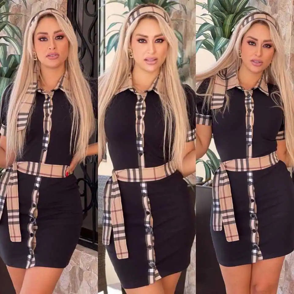 2022 Summer New Women\'s Retro Solid Color Lapel Casual Plaid Belt Short-Sleeved Shirt Skirt Dress Office Nightclub Street J2673