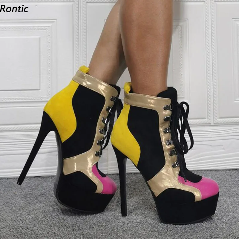 Rontic Handmade Women Winter Platform Ankle Boots Mixed Color Sexy Stiletto Heels Round Toe Gorgeous Party Shoes US Size 5-20