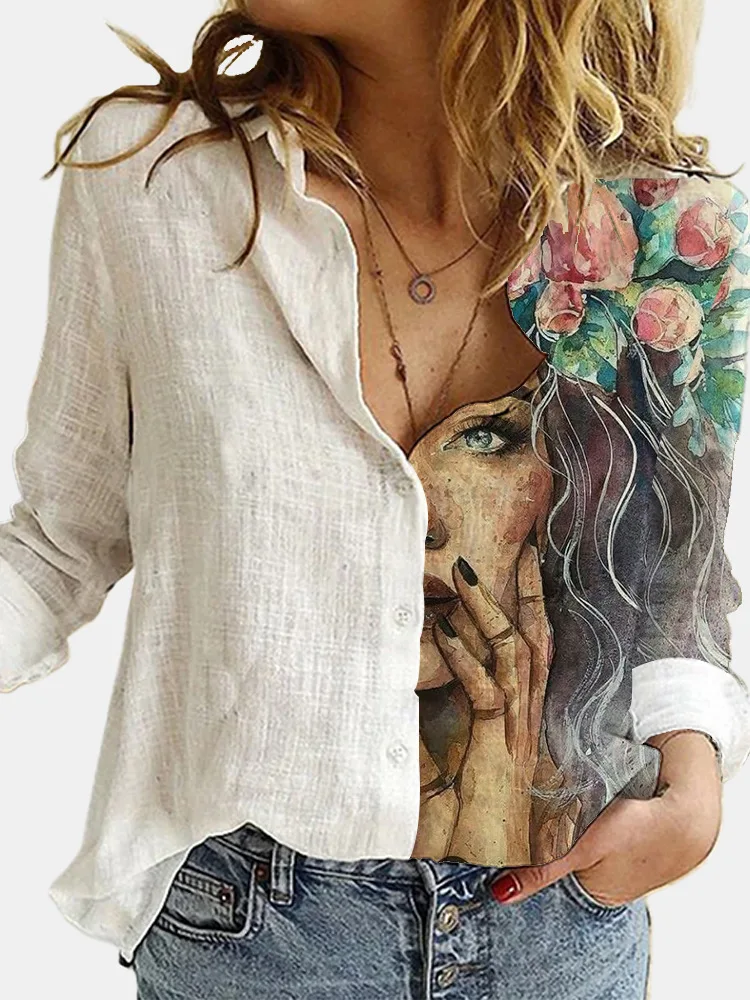 

Fashion Stitching Retro Face Print Shirt Women Long Sleeve Lapel Button Blouse Tops Spring Summer Casual loose Top Lady Shirts