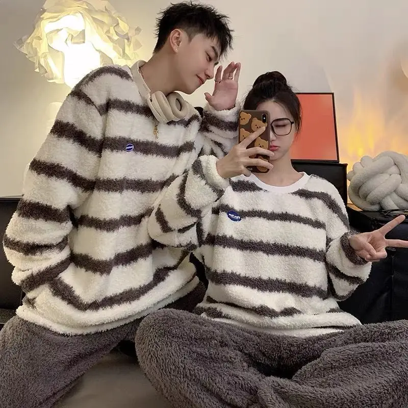 Couple Pajamas for Men Fleece Winter Sleepwear Korean Sleeping Night Wear Striped Pijama 2 Pcs Pants Sets O-neck Warm Home Suit