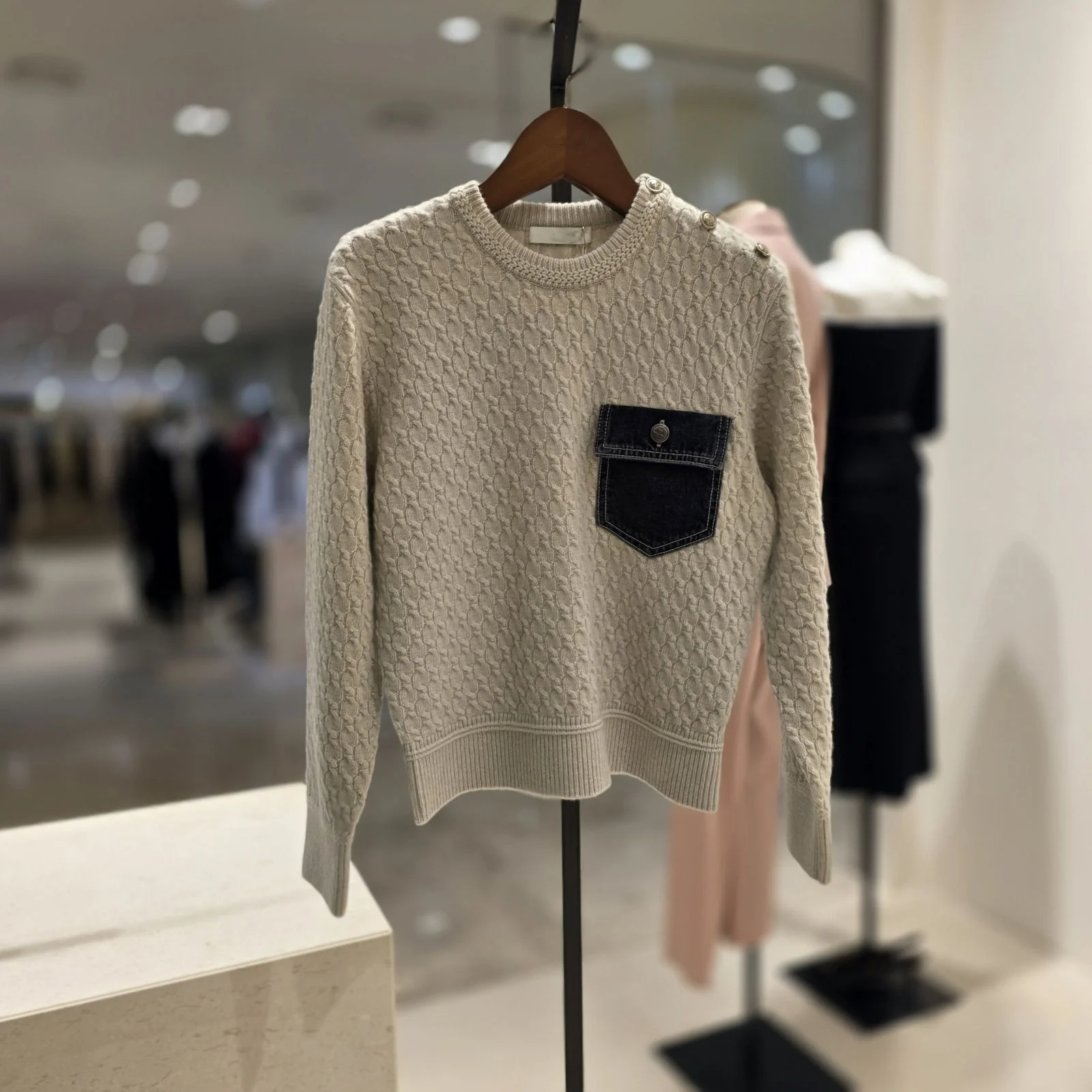 

Casual Commute Korean Sle round Ne Knitted Wool Sweater ey Patchwork Denim ket Autumn Winter Women's Faion Top