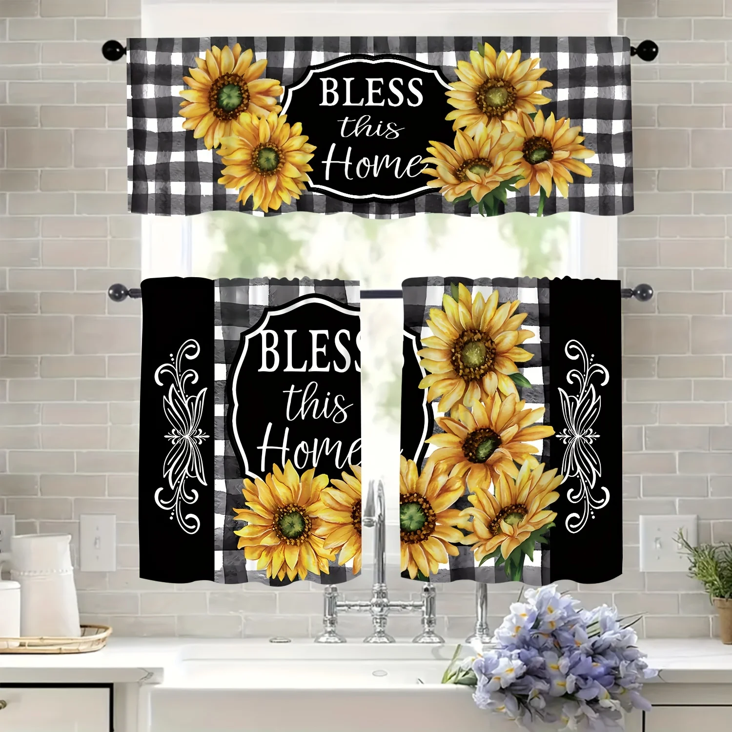 3pcs Classic Plaid Sunflower Floral Print Home Kitchen Living Room Sunshade Curtain Suitable for Cafe Office Sunshade Cloth