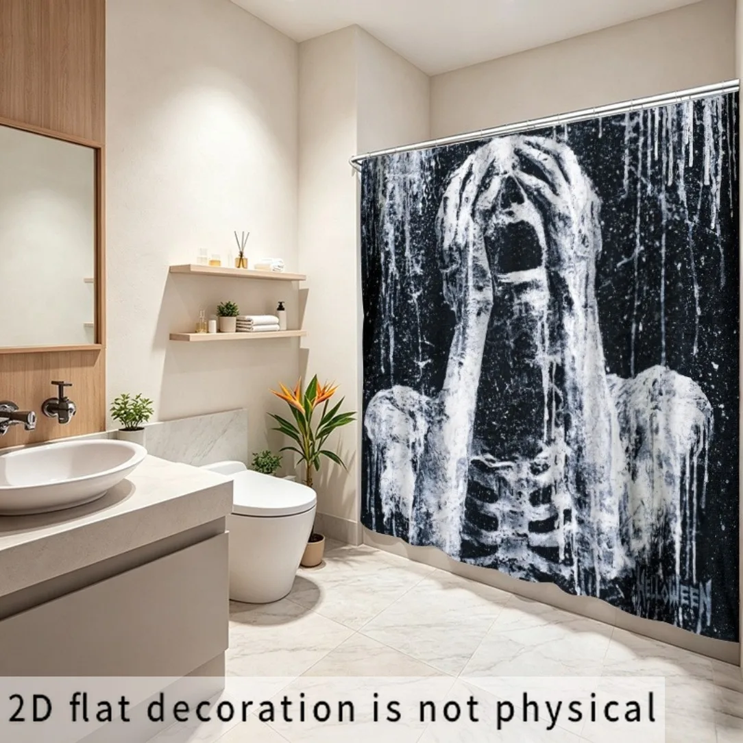 Gothic Skeleton Angel Shower Curtain, Dark Grunge Skull & Wings Print Waterproof Bathroom Decor, Horror Punk Home Bath Screen