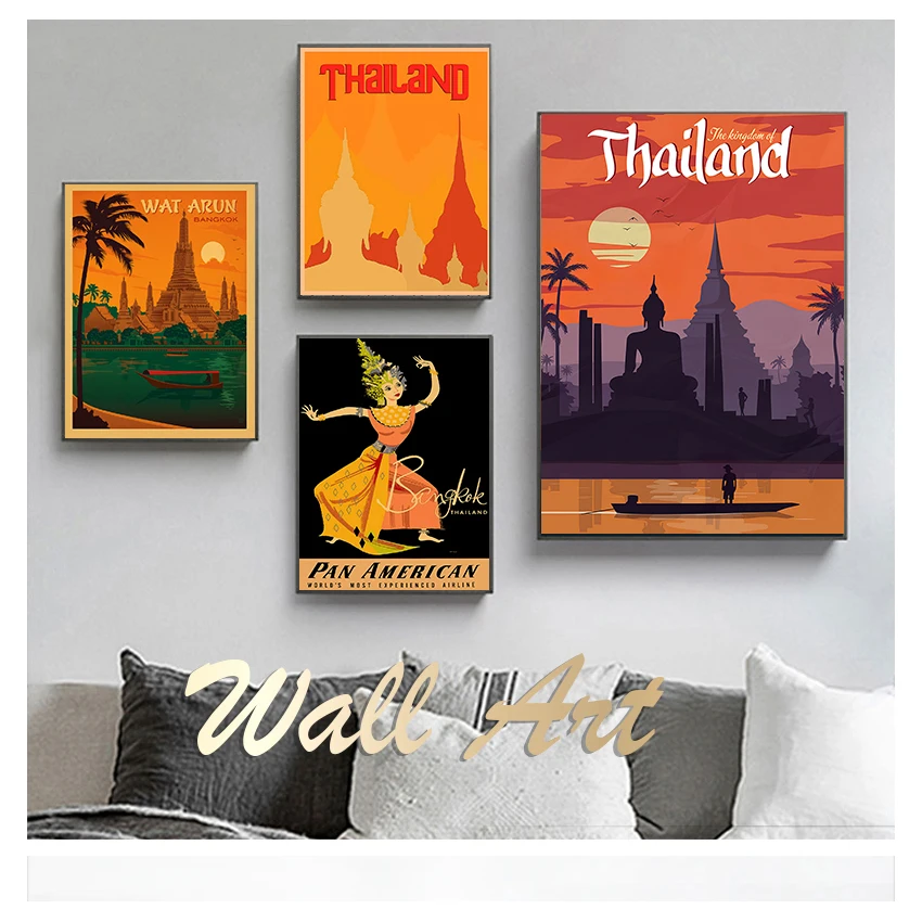 Canvas Paintings Vintage Wall Pictures Kraft Posters Coated Stickers Home Decoration Gift Visit Bangkok Thailand Travel