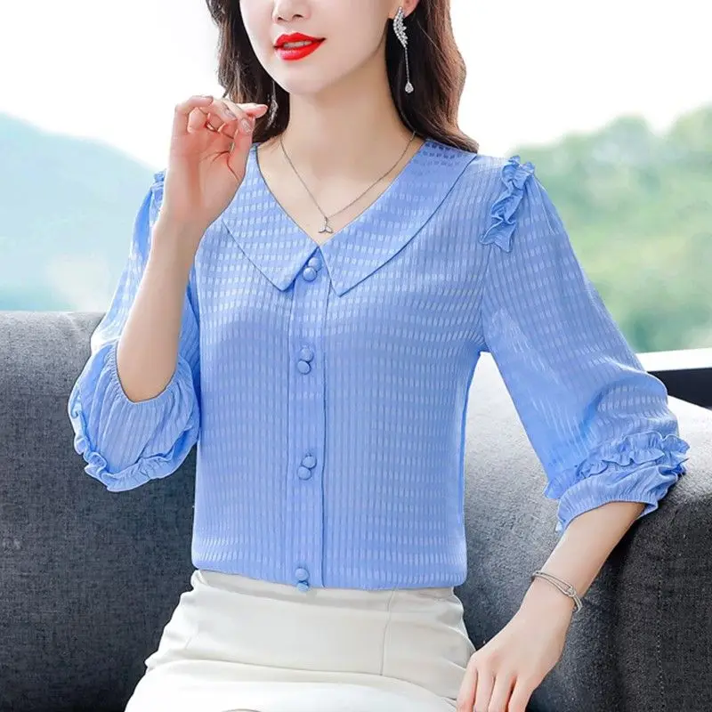 Little Fresh Women\'s Three-quarter Sleeved Shirt Summer Clothes for Women Doll Collar Solid Color Patchwork Ruffles Blouse