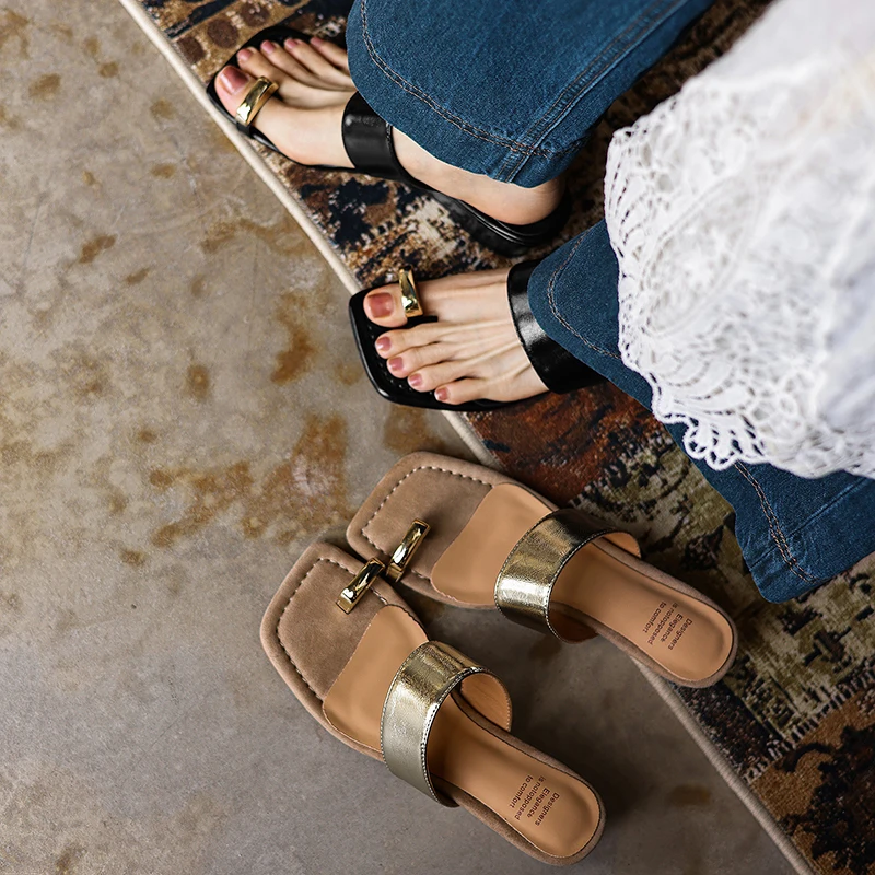 2026 new summer women sandals natural leather 22-25cm cowhide+sheepskin+pigskin flip-flops buckle mules thick heel women shoes