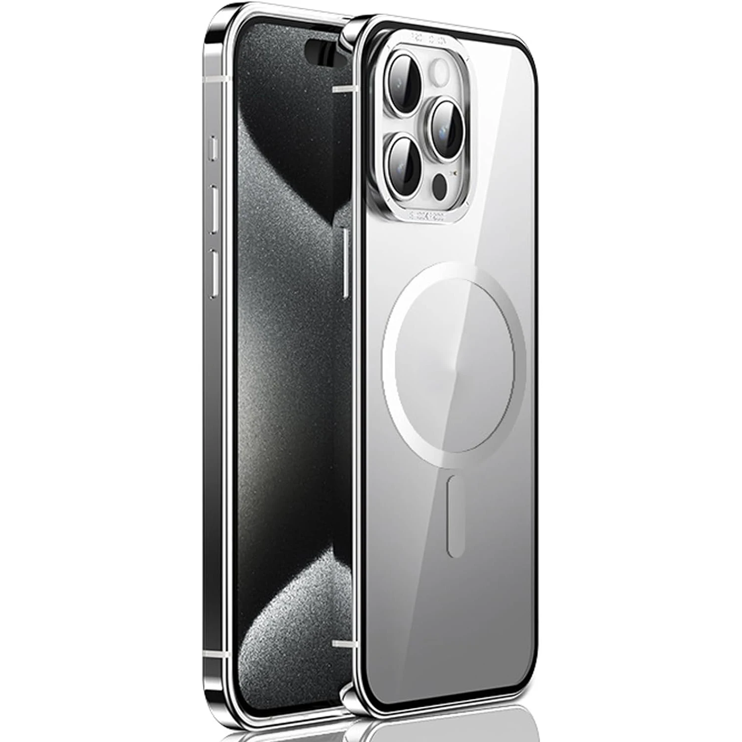 

Чехол для iPhone 15/15 Pro/15 Pro Max, рамка из алюминиевого сплава, ромбовидный прозрачный стильный чехол [Оригинальный внешний вид] [Совместимость с MagSafe] с металлическим кольцом для камеры, натуральный титан