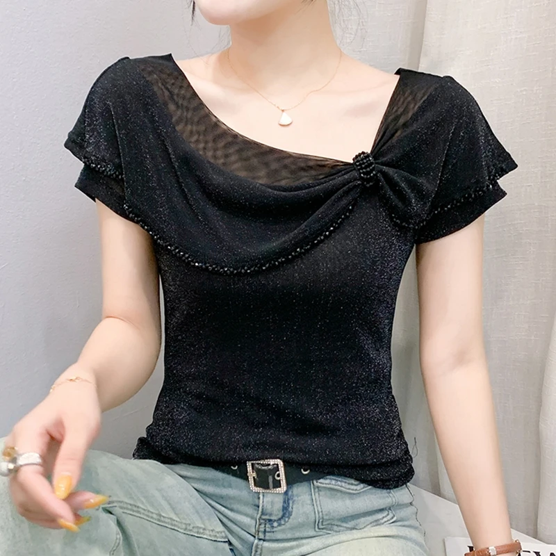 Camicetta stile estivo con perline fatte a mano per l'industria pesante Camicia versatile a maniche corte in rete sottile alla moda