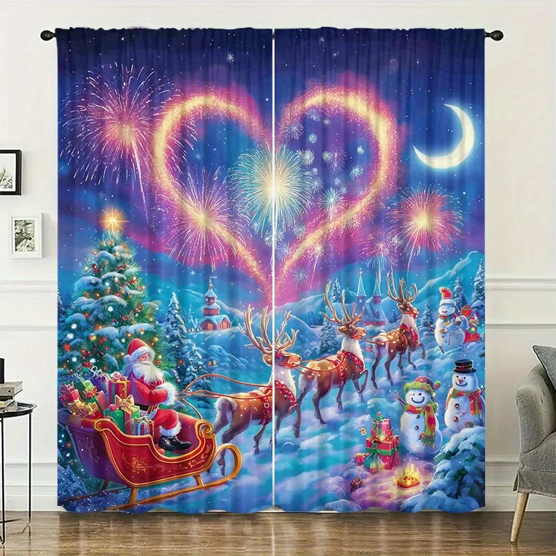 Heart Firework Santa Sleigh Reindeer Curtains 2 Panels, Crescent Moon Snowman Xmas Tree Snowy Village Colorful Holiday Curtain
