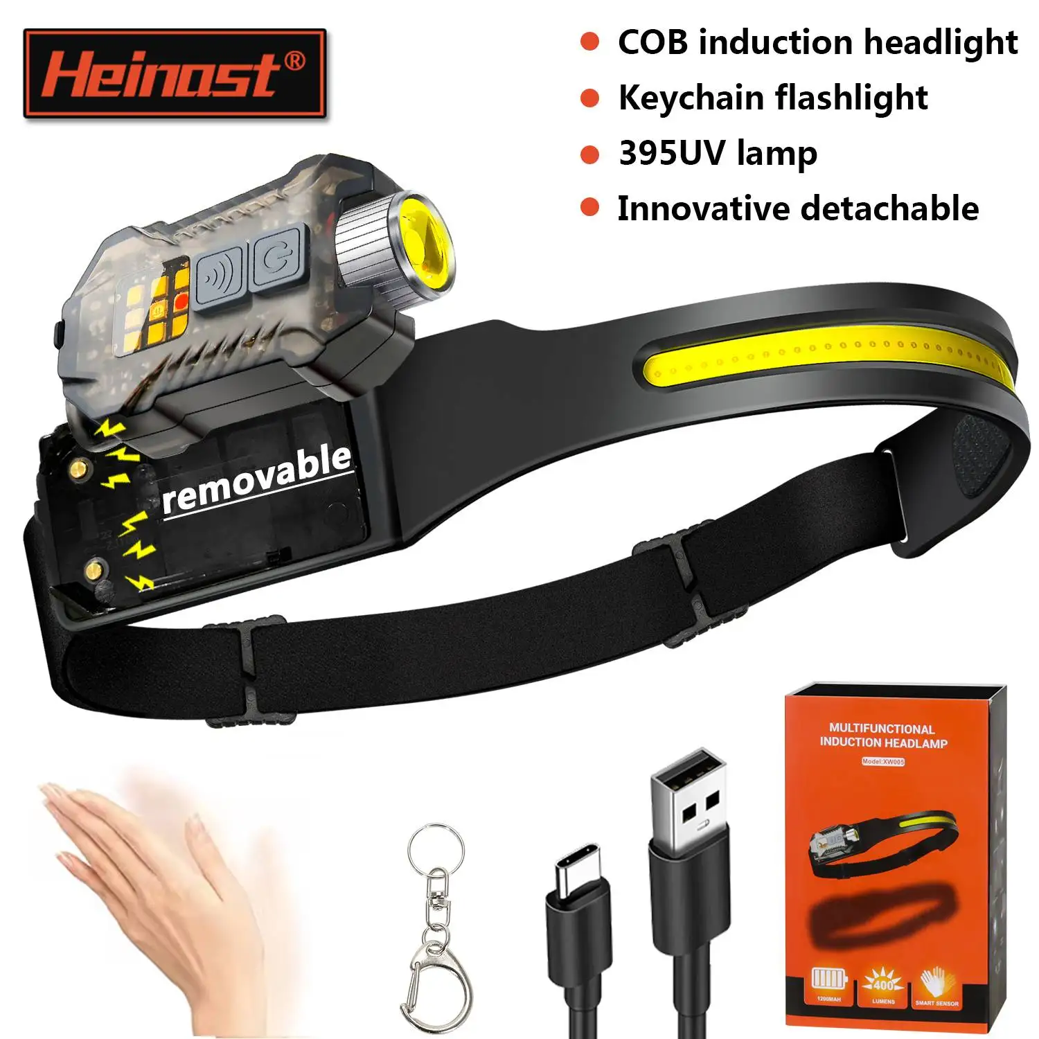 

Heinast XW005 Induction LED Headlamp Type-c Rechargable Headlight COB Work Light Detachable Flashlight with Tail Magnet UV Light