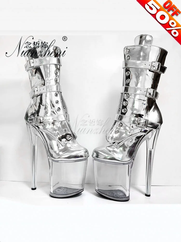 8Inches Silver Belt Buckle Ankle Boots Sexy Fetish Crystal Bottom Exotic 20cm Platform Pole Dance Women Stripper Heels Nightclub