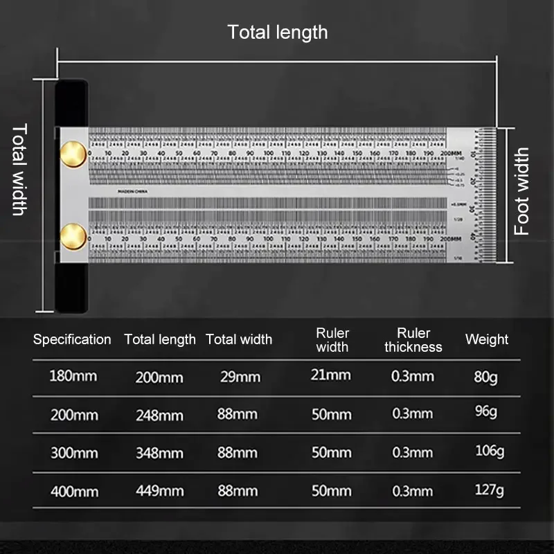 90°T Type Square Ruler High-precision Woodworking Stainless steel Scriber Measuring DIY Marking Tenon scale Gauge Carpentry Tool