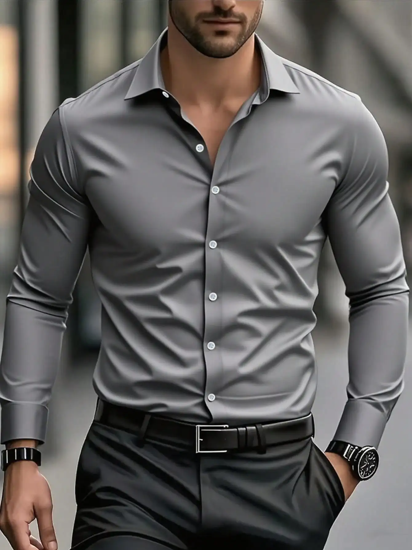 

Men's Solid Gray Long Sleeve Formal Button-Down Shirt for Fall