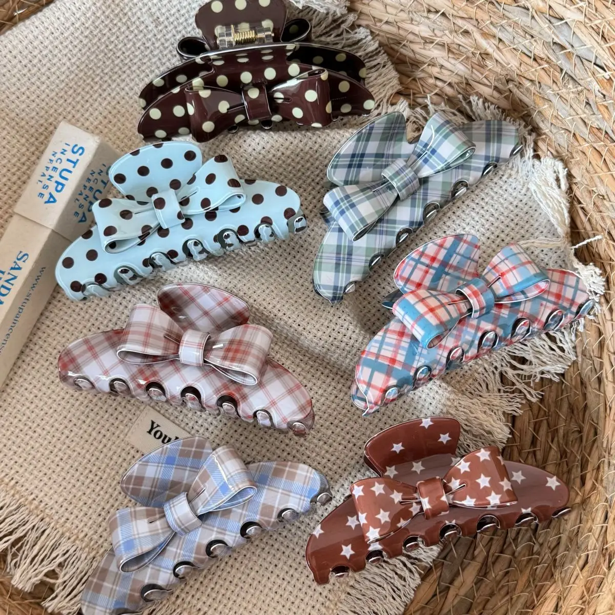 10CM Fashion Plaid Polka Dot Star Bow Acrylic Hair Claw Clips for Women Girls Sweat Holiday Large Hairgrip Styling Accessories