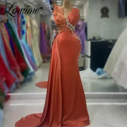 Crystals Beaded 3D Leaf Orange Prom Dresses Mermaid Arabic Evening Gowns With Side Train Elegant Satin Long Wedding Party Dress