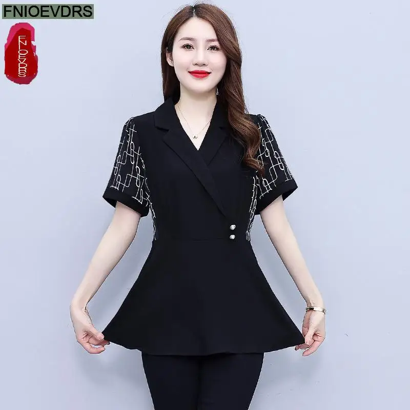 L-5XL 2023 Women Summer Short Sleeve Elegant Black Office Lady Work Button Shirt Casual Button Tunic Peplum Tops And Blouses