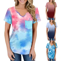 2024 Europe and the United States spring and summer new women's top tie dye printed V-neck short sleeve pocket loose T-shirt wom