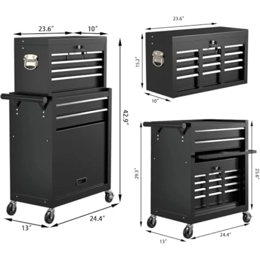 8 Drawer Rolling Tool Chest for Garage, Warehouse, Repair Shop: Steel, Black, High Capacity with Lockable Wheels Drawers
