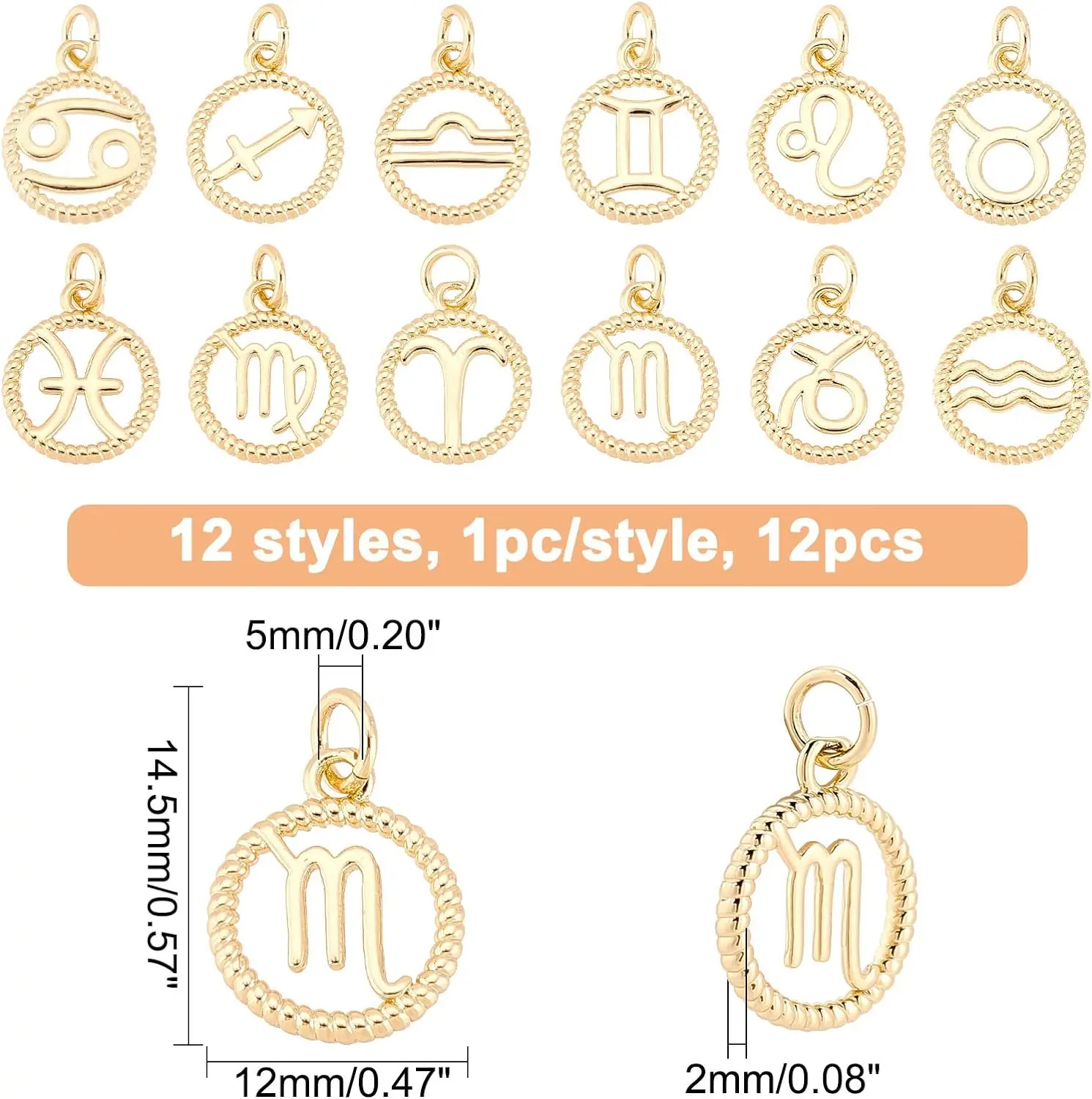 12PCS Brass Twelve Constellation Pendant 14.5x12mm Golden Flat Round with Zodiac Sign Jewelry Charms Micro Pave Cubic Charm