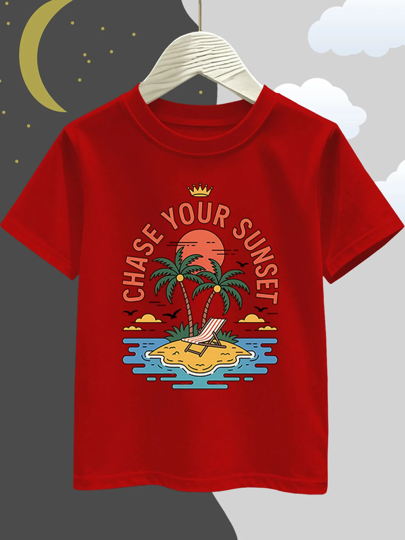 Island Sunset Palm Tree Print Boys Girls T Shirt Beach Holiday Kids Tee Parent Child Matching Casual Summer Family Daily Tops