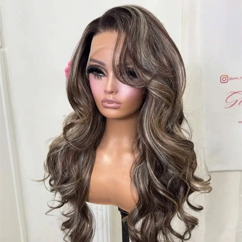 28 Inch 13x4 Synthetic Premium Fibre Wig Ombre Ash Brown with Blonde Streaks Highlights HD Invisible Lace Front Wig Party Wigs