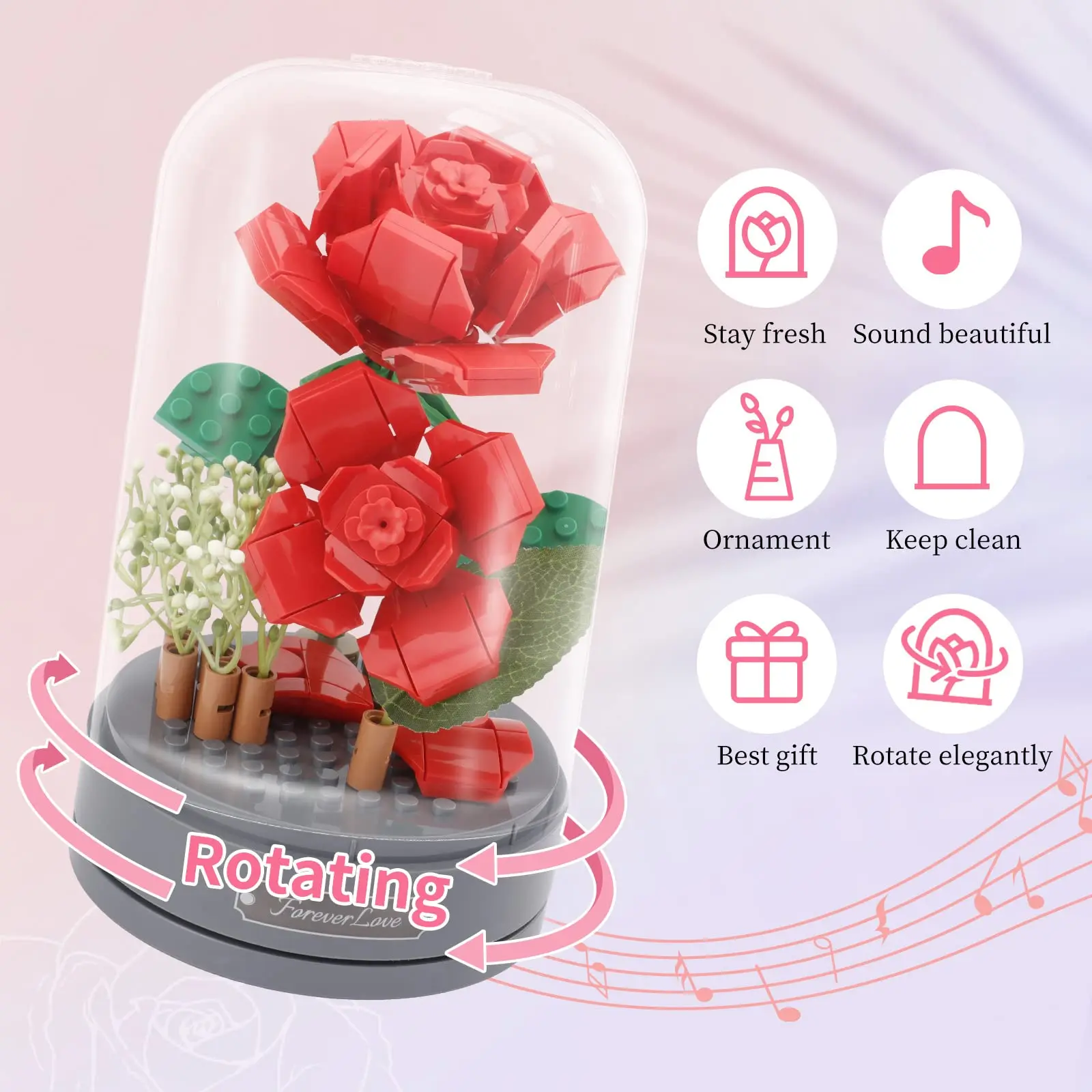

Rose Fomantic Flower Building Blocks Music Box Transparent Display Creative Bonsai Building Bricks Exquisite Decorated Flower