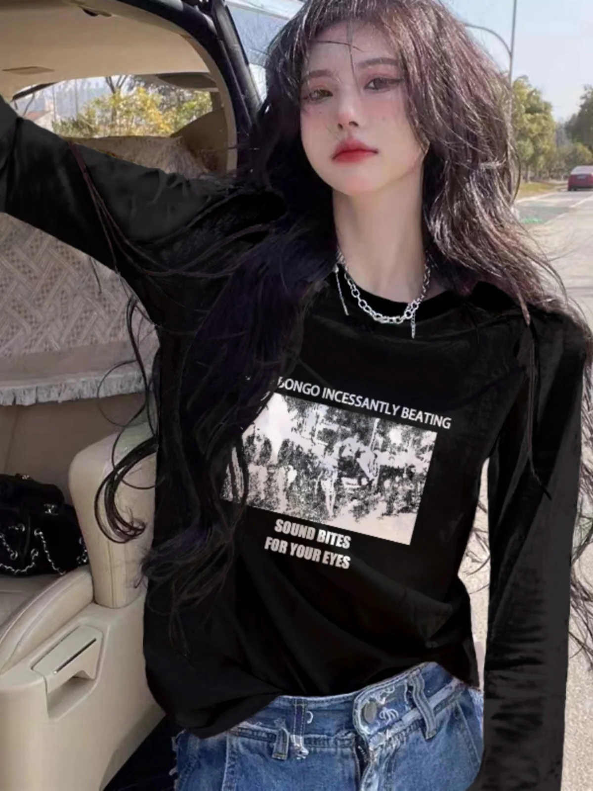 Warm Pure Cotton Long Sleeve T-Shirt Women's Autumn Winter New Style Black Fashion Inner Wear German Velvet Loose round Neck Top