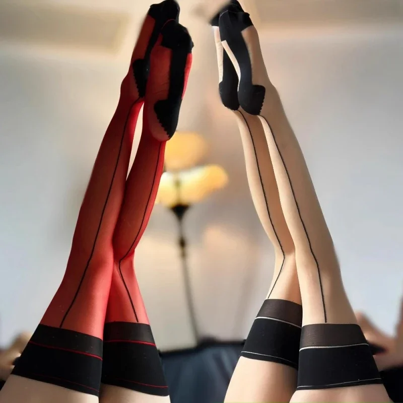 

10D Patchwork Transparent Medias Retro Cuban Heel Back Seam Thigh High Stockings With Original Package Hot Pole Dance Clubwear