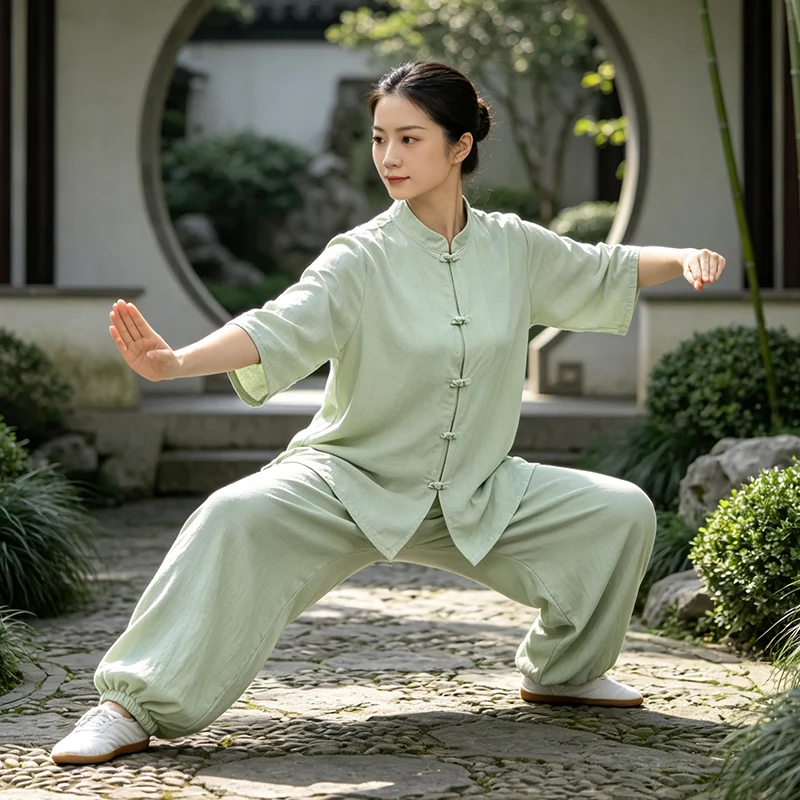 New Chinese Style Tai Chi Yoga Morning Exercise Women's Two-Piece Set Pure Color Zen Mind Layette Suit Casual Sportswear