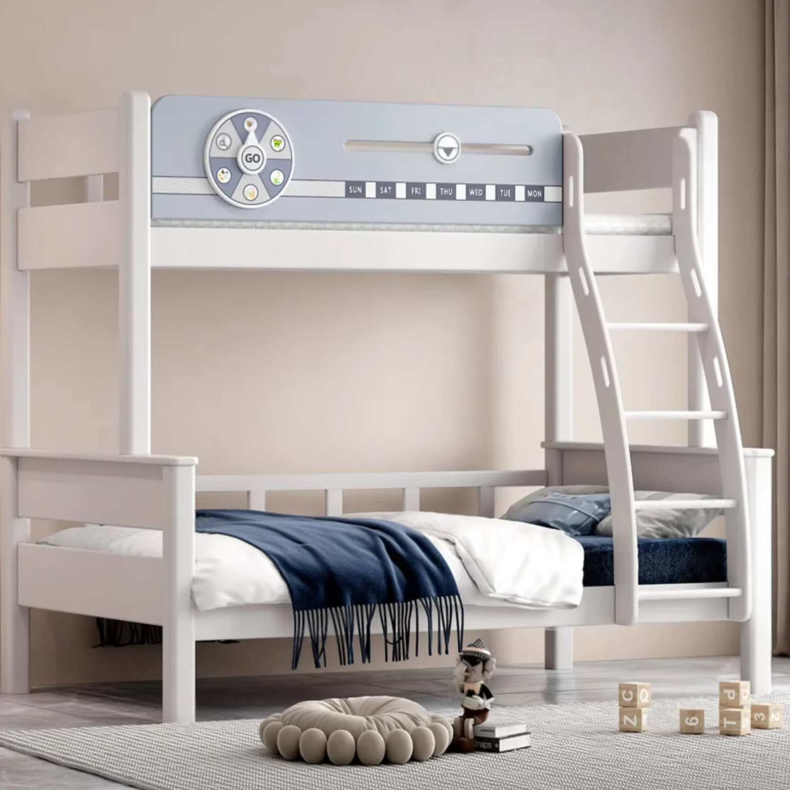

Wood Simple Style Children's Bedroom Bunk Bed, White, Sky Blue 1.5*1.9m Mother-in-law Bed