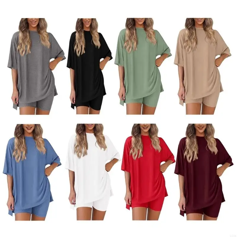 

Loose Fit Women's Short Sleeve Oversized Sleepshirt and Biker Shorts Pants Set Loungewear Sleepwear Solid Color Outfit Y166