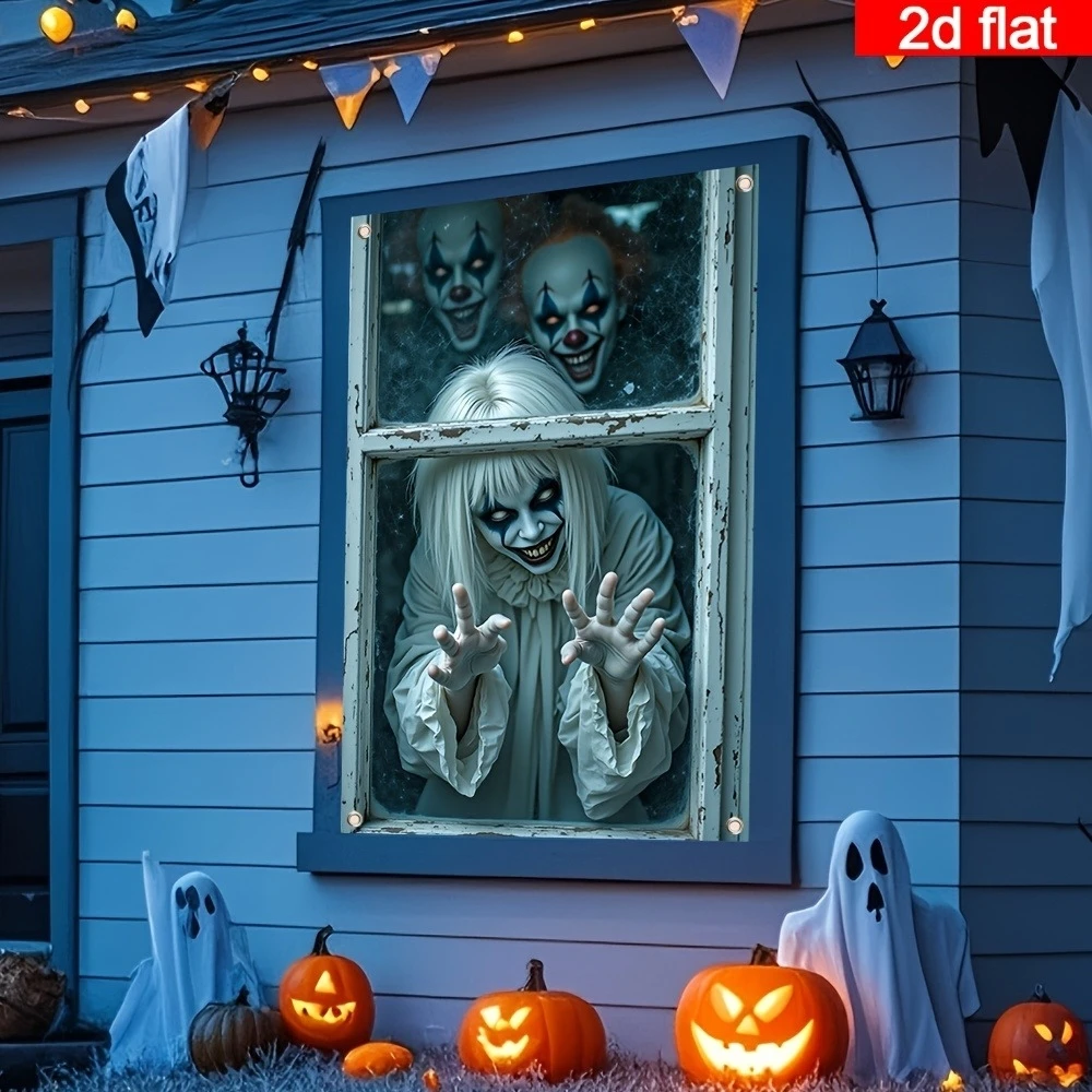 Halloween-Horror-Fensterbanner mit Rot Leuchtenden Augen, Monster, das aus dem Geisterhaus spählt, Fensterhängedekoration für Partys, Innendekoration, Requisit – Detail 6