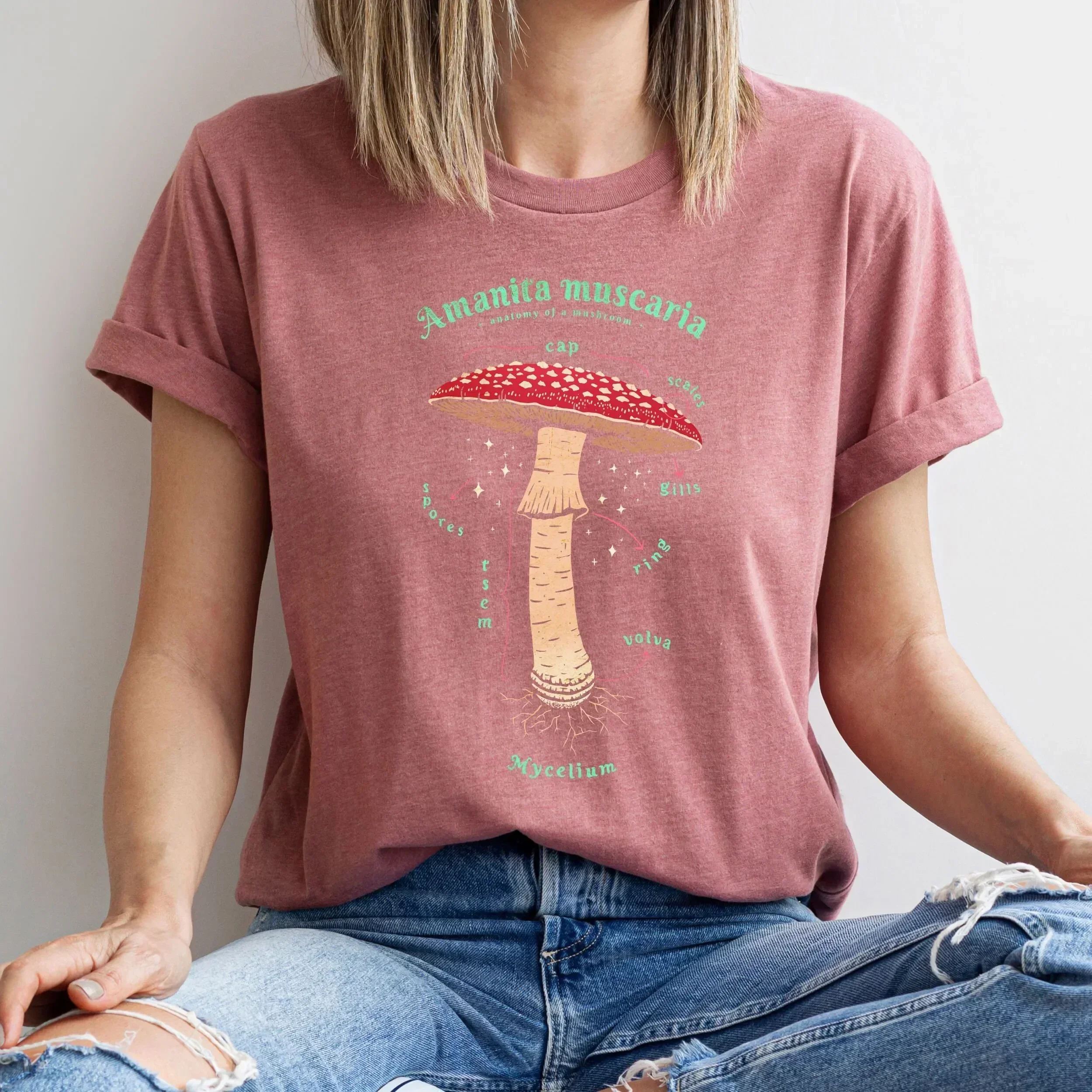 Fly Agaric Fungi T Shirt Realisticmushroom Cottage Core Toadstool Mushroom Anatomy Amanita Muscaria Nature Womens Drawing