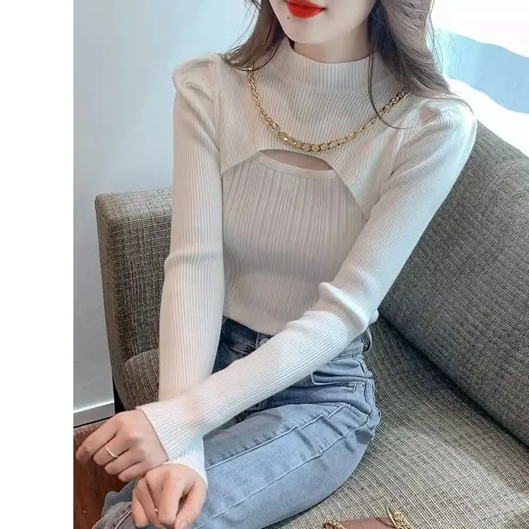 ハーフハイネック中空ニットセーター女性のセーターバブルスリーブ付き新しいファッショナブルで多用途なチェーンセクシーな長袖