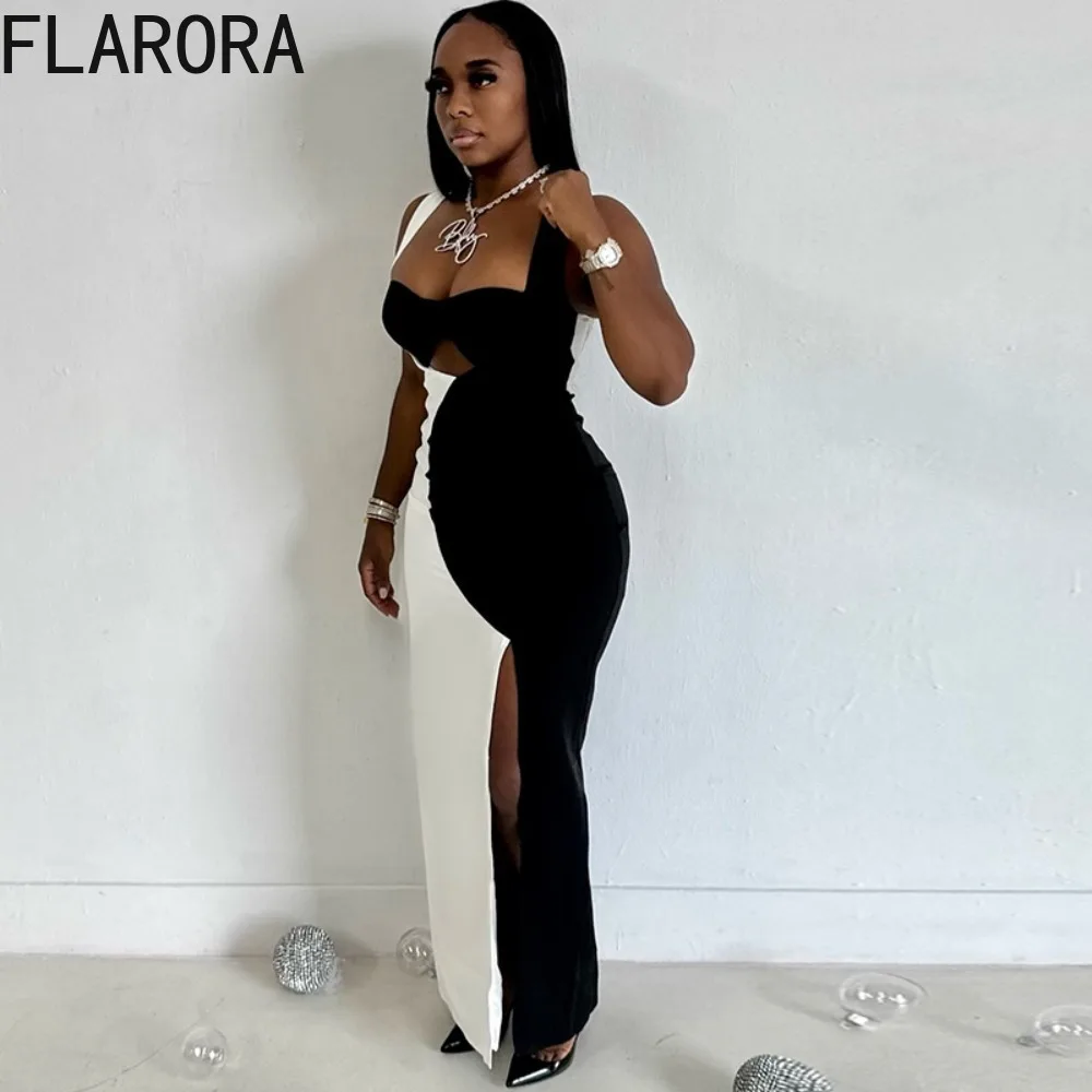 FLARORA Elegante abito patchwork bianco nero Donna Cinghie senza maniche Scava fuori Abito lungo senza schienale Abiti aderenti da festa