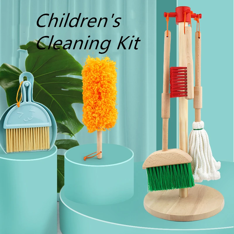 Wooden Detachable Toy Cleaning Set, Kids Cleaning Toys 6 Piece - Hanging Stand Play Kitchen Cleaning Tools for Kid Gift