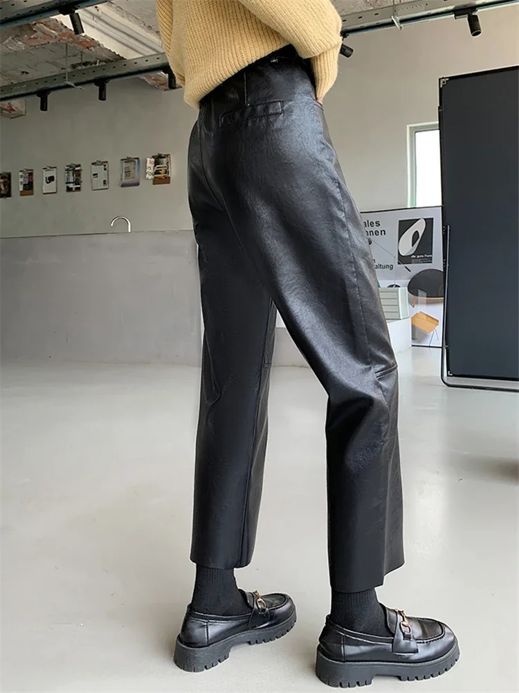 Seoulish Autumn Winter PU Faux Leather Women's Wide Leg Pants High Waist Female Casual Loose Ankle Length Trousers