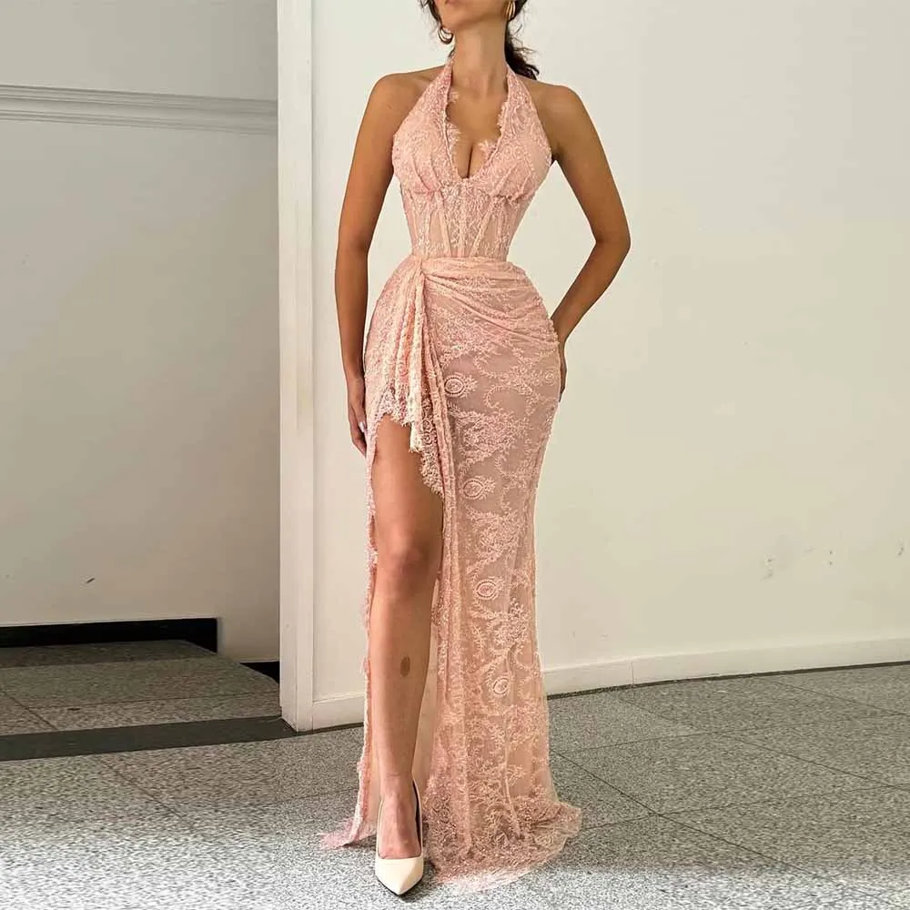 

Sexy Evening Dresses 2025 Lace Sheath/Column Party Dresses Rose Pink Halter Pleat Side Split Fishbones Prom Dresses for Ladies