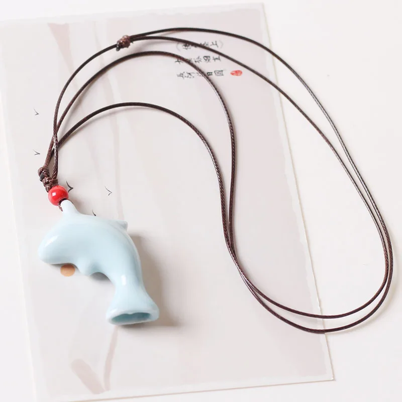 Ceramic light blue dolphin whistle necklace, sunflower whistle necklace, cute student pendant