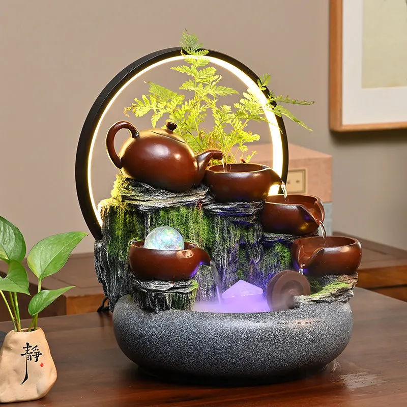 Modern Chinese Style Fountain Decor Recycle Desktop Zen Waterfall Living Room Office Ornaments Humidifier Miniatures Sculpture