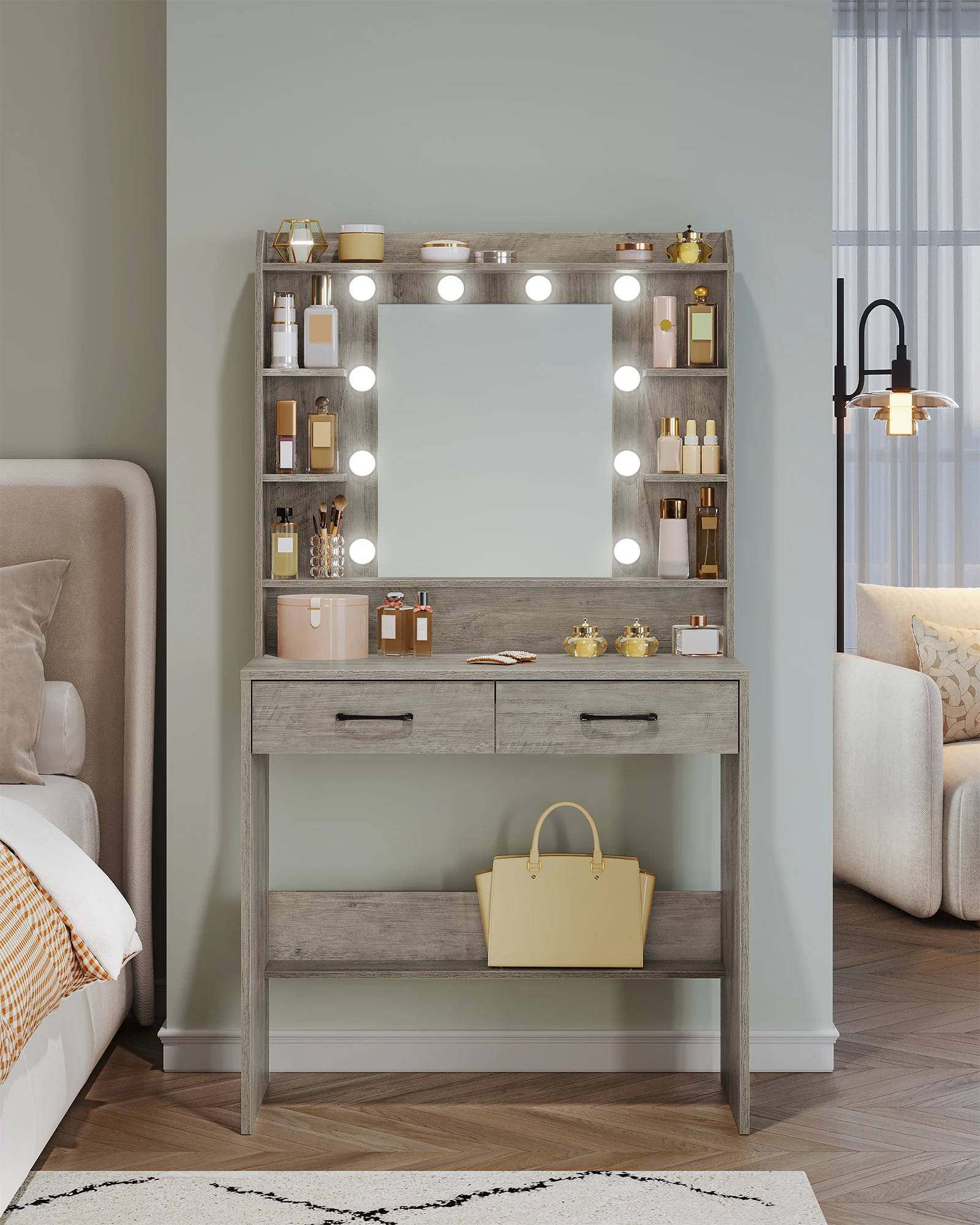 طاولة تزيين هزوانري مع مرآة، طاولة تزيين مع أرفف ودرجين لغرفة النوم وغرفة المعيشة، سطوع قابل للتعديل