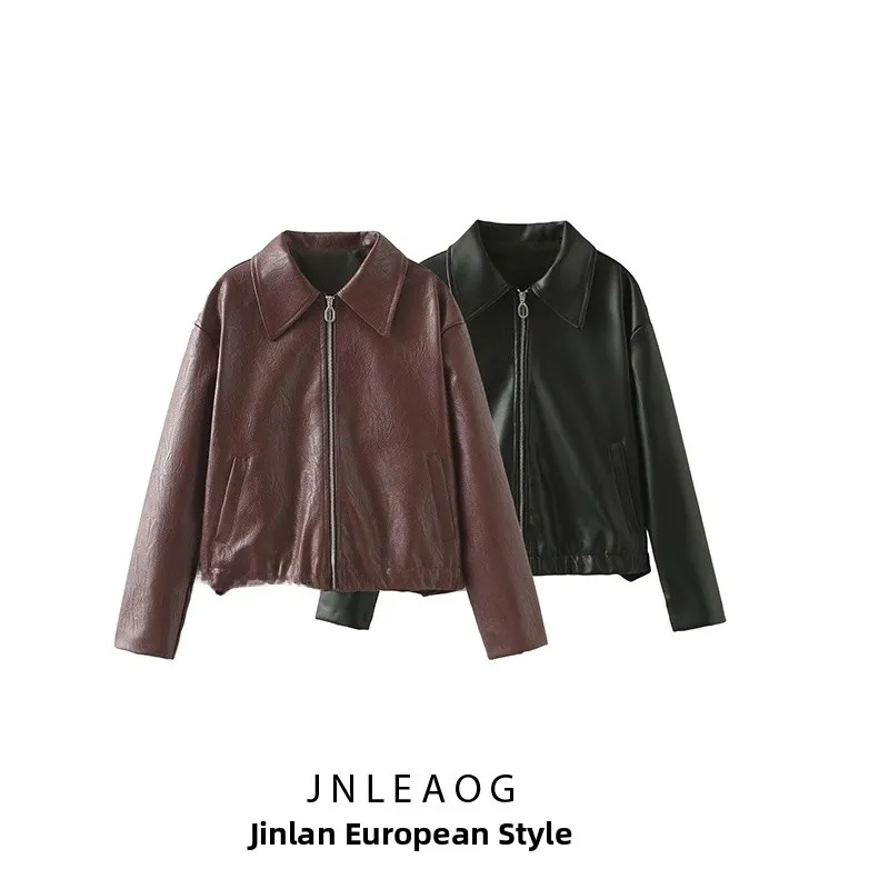 Jaket Kulit Kerah Kotak Warna Polos Modis Wanita Musim Gugur Baru Sle JNLEAOG Gaya Prancis Longgar Bahan Poliester