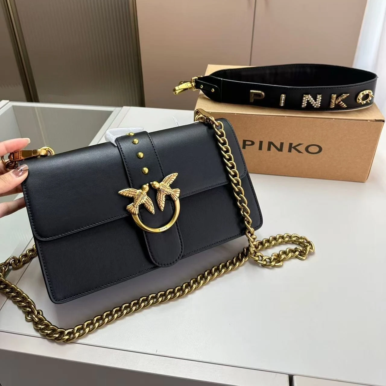 Women Leather Pillow Crossbody Bag, Vintage Gold Double Swallow Buckle, Thick Chain Shoulder Bag with Wide Letter Strap