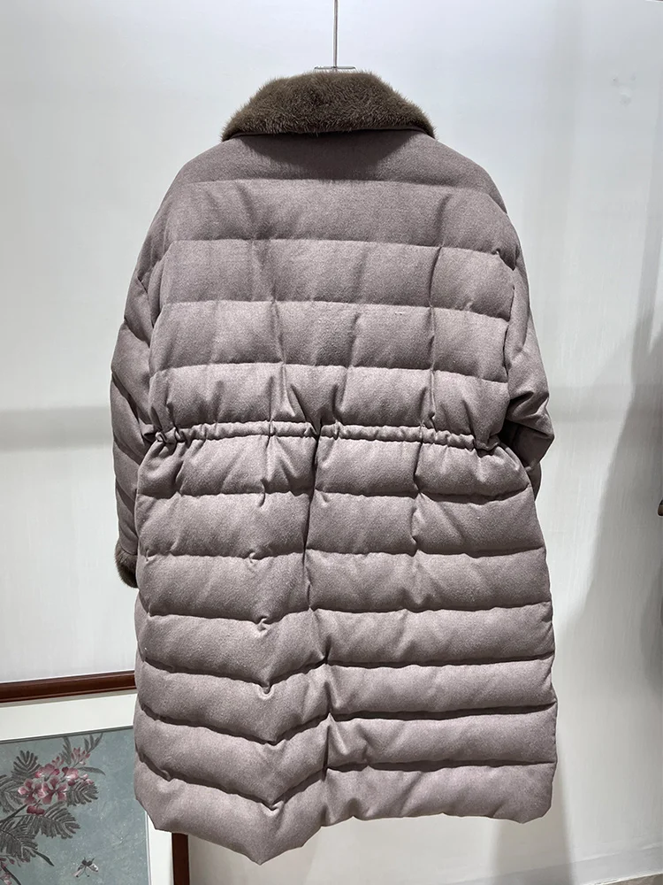 2025 여성 겨울 따뜻한 리얼 밍크 퍼 칼라 구스 다운 재킷 캐시미어 울 재킷 여성 아우터 코트 패딩 재킷