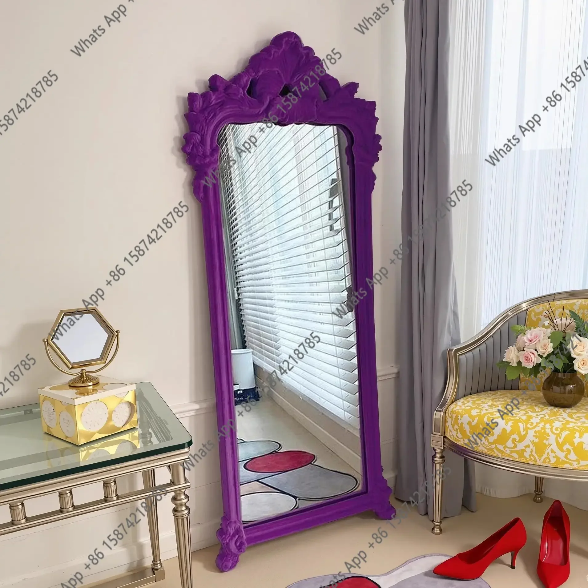 PC French vintage full body flocking carved dressing mirror clothing store fitting home bedroom floor mirror