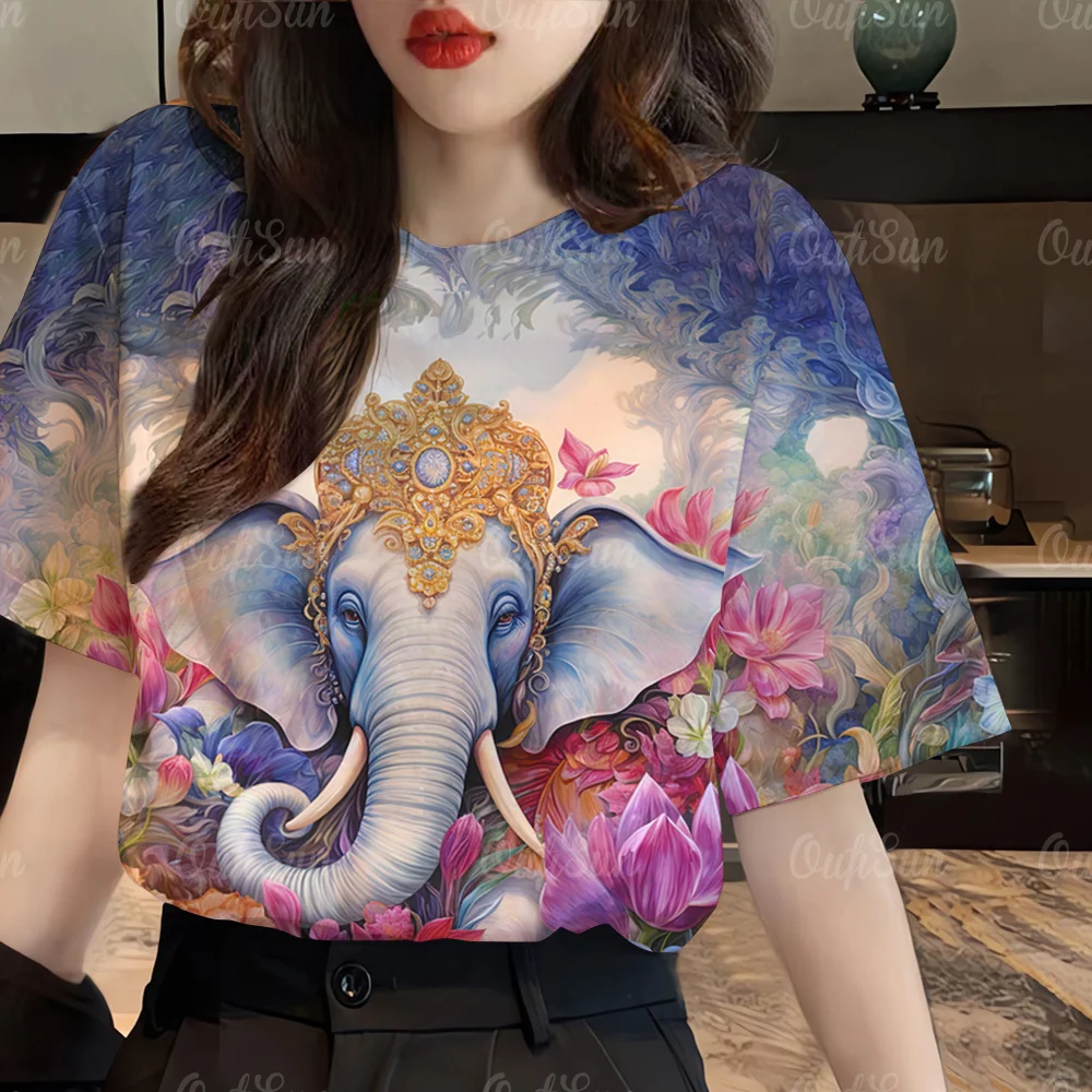 

Women T-Shirts Elephant Floral Print Casual Pullover 2024 Summer Loose Short Sleeves Oversized Tee Shirt Fashion Female Clothing