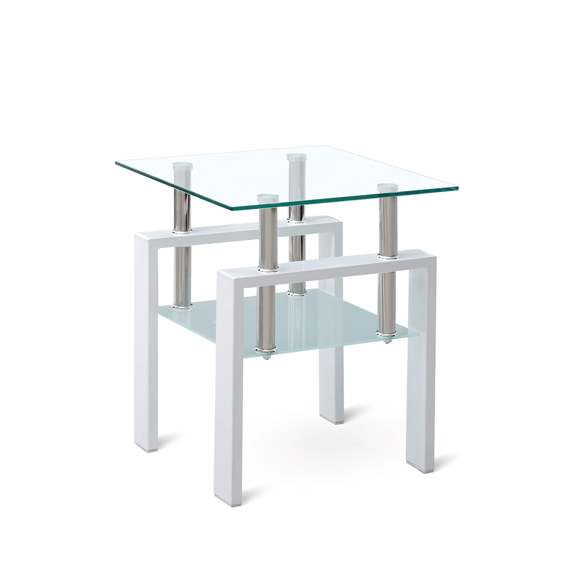 White Tempered Clear Glass End Table, 2-Layers Small Table with Storage, Living Room Side Table