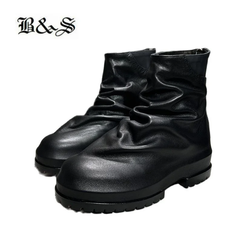 

Black& Street On Fair-fax Vintage Pleated Sheepskin Genuine Leather Thick Sole Handmade Boots